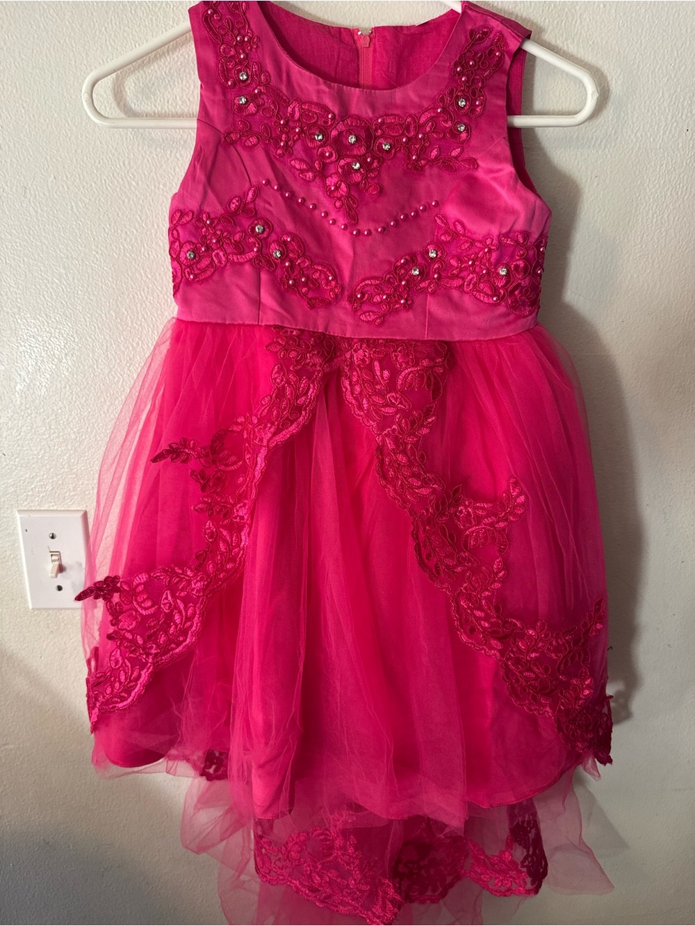 Girls' Bright Pink Beaded Tulle Party Dress